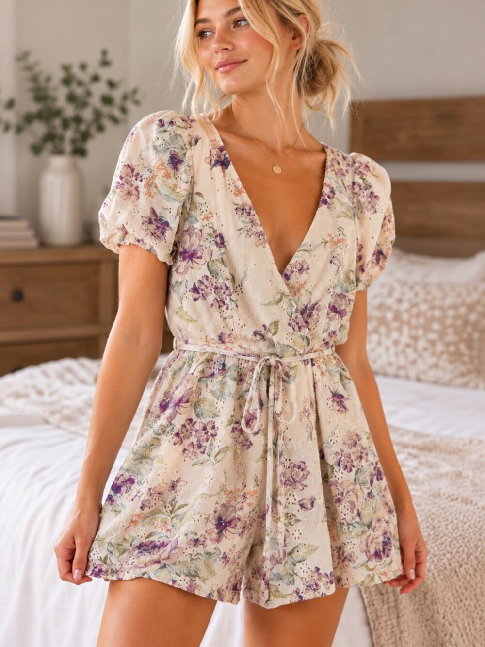 American Eagle Floral Eyelet Romper XS Puff Sleeve Cottagecore Boho